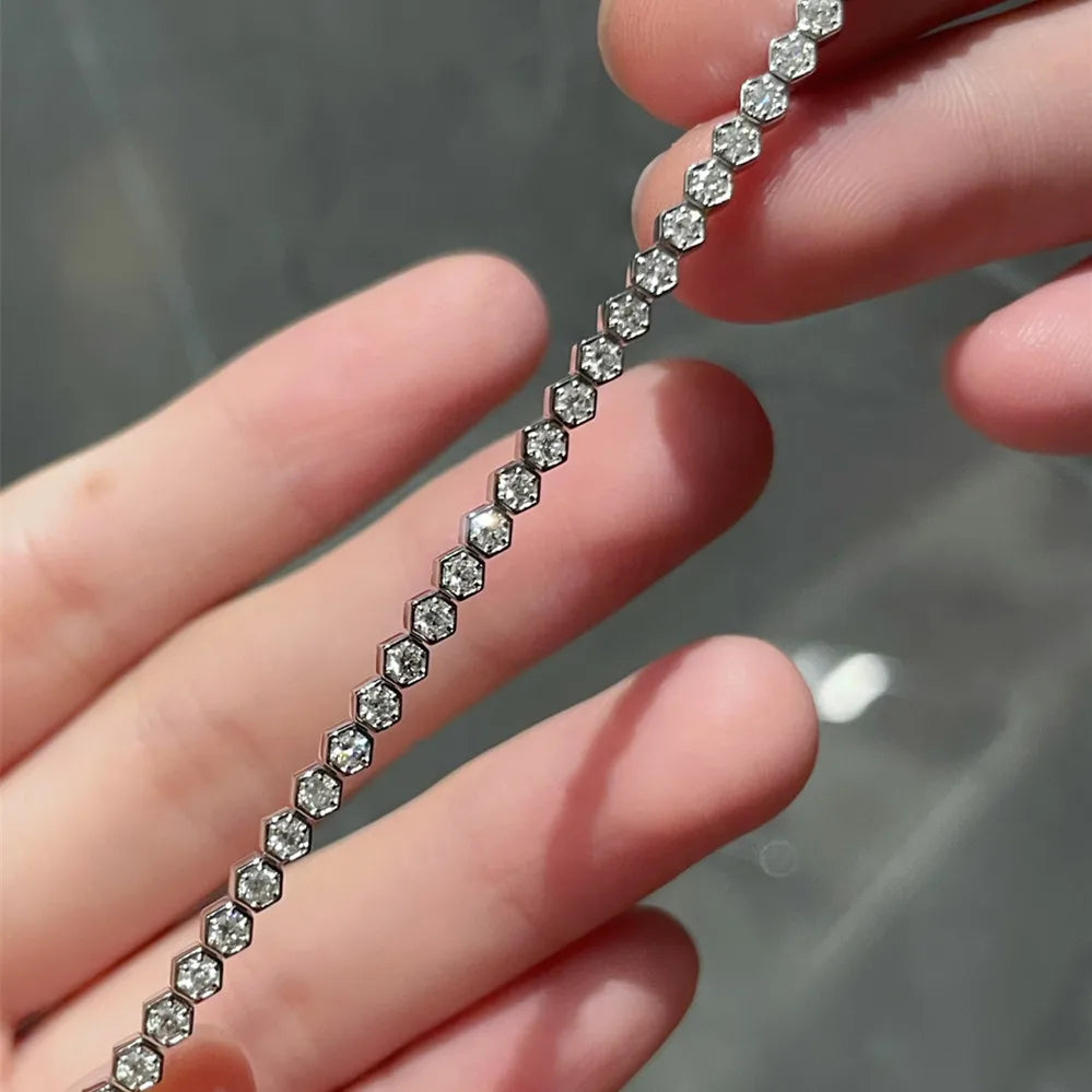 Camelia Jewelry Real 18K Solid White Gold AU750 Jewelry Natural Diamonds 1.40carat Hexagonal Honeycomb Tennis Bracelets for Women Gift