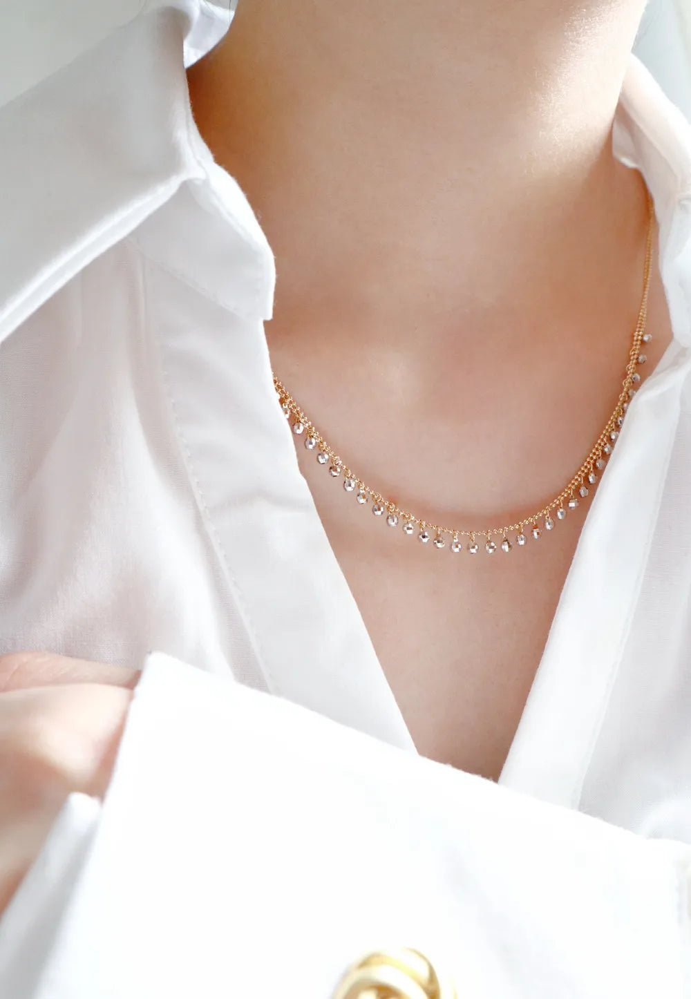 Camelia Jewelry Real 18K Solid Yellow Gold AU750 Jewelry Double Layer Chain White Gold Beads Tassel Pendant Necklaces for Fashion Lady