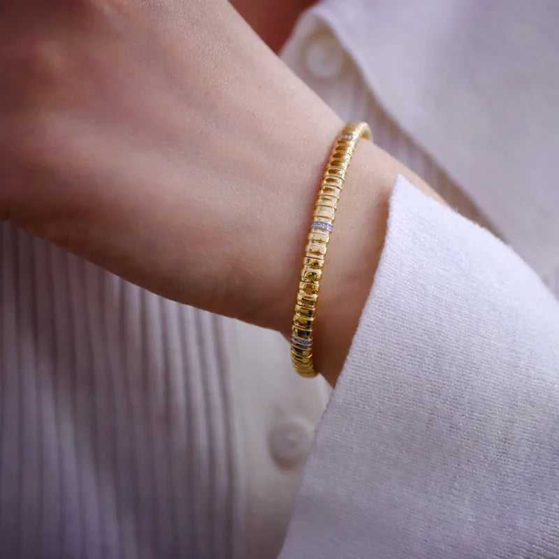 Camelia Jewelry Handmade Italian Spring Bangles Real 18K Solid Yellow Gold AU750 Jewelry Medieval Retro Style Diamonds Women Bracelets
