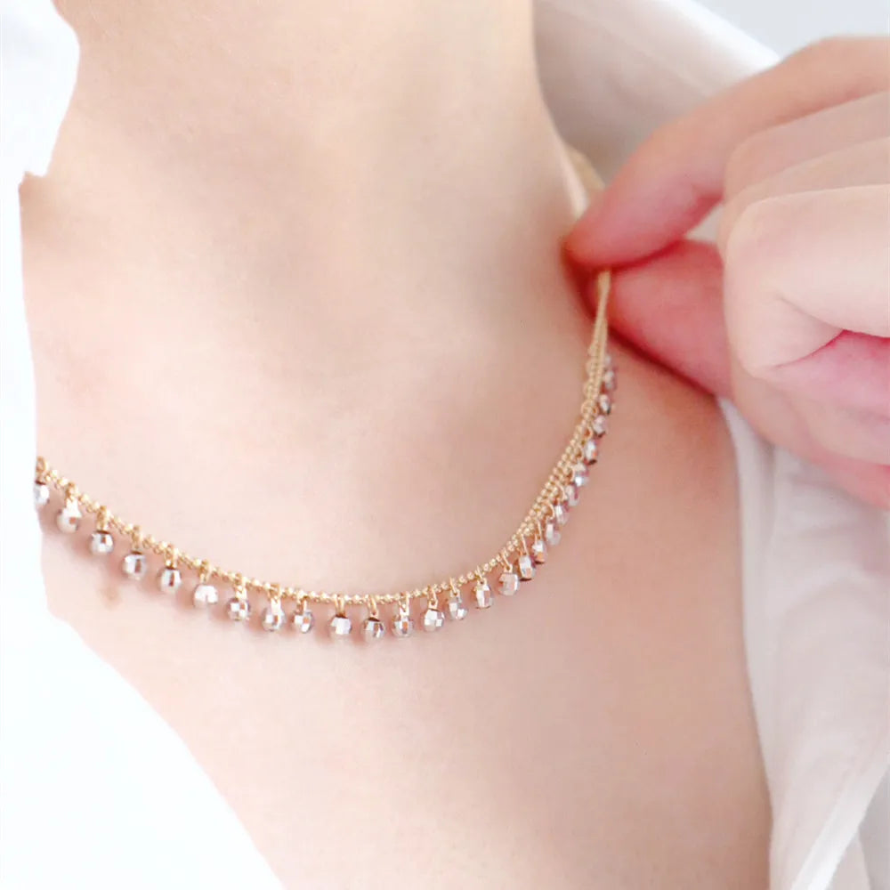 Camelia Jewelry Real 18K Solid Yellow Gold AU750 Jewelry Double Layer Chain White Gold Beads Tassel Pendant Necklaces for Fashion Lady