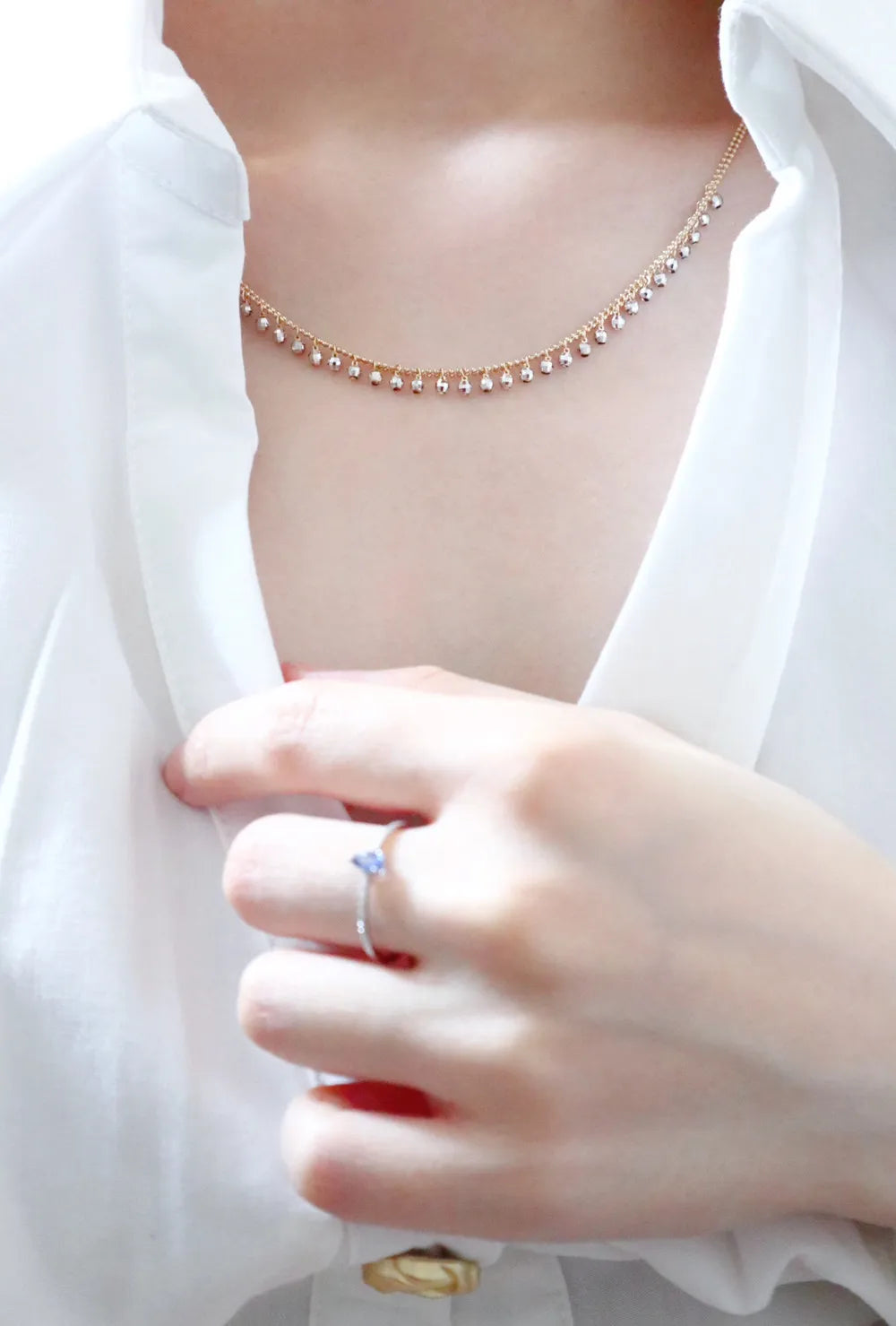 Camelia Jewelry Real 18K Solid Yellow Gold AU750 Jewelry Double Layer Chain White Gold Beads Tassel Pendant Necklaces for Fashion Lady