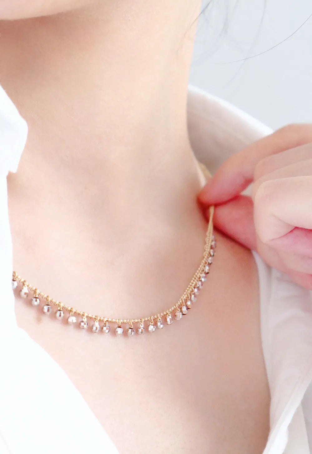 Camelia Jewelry Real 18K Solid Yellow Gold AU750 Jewelry Double Layer Chain White Gold Beads Tassel Pendant Necklaces for Fashion Lady