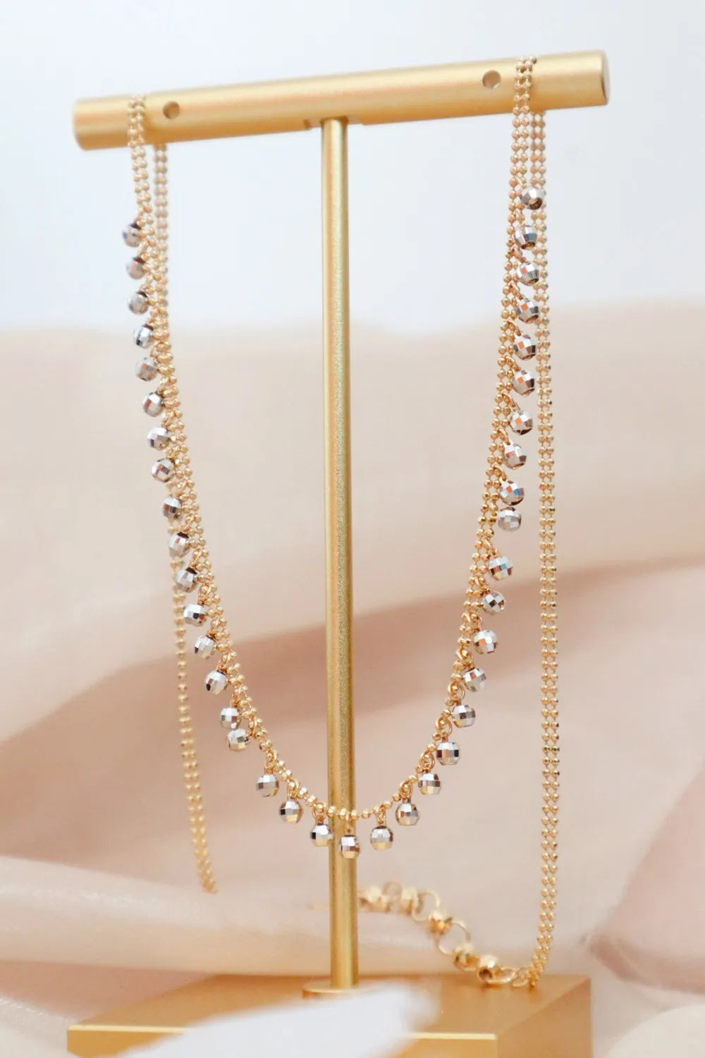 Camelia Jewelry Real 18K Solid Yellow Gold AU750 Jewelry Double Layer Chain White Gold Beads Tassel Pendant Necklaces for Fashion Lady
