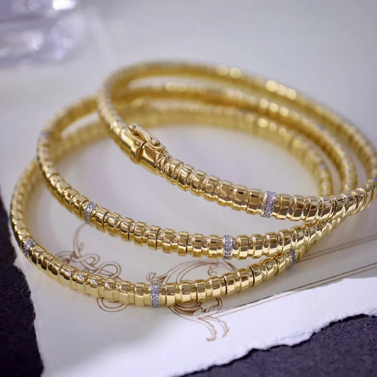 Camelia Jewelry Handmade Italian Spring Bangles Real 18K Solid Yellow Gold AU750 Jewelry Medieval Retro Style Diamonds Women Bracelets