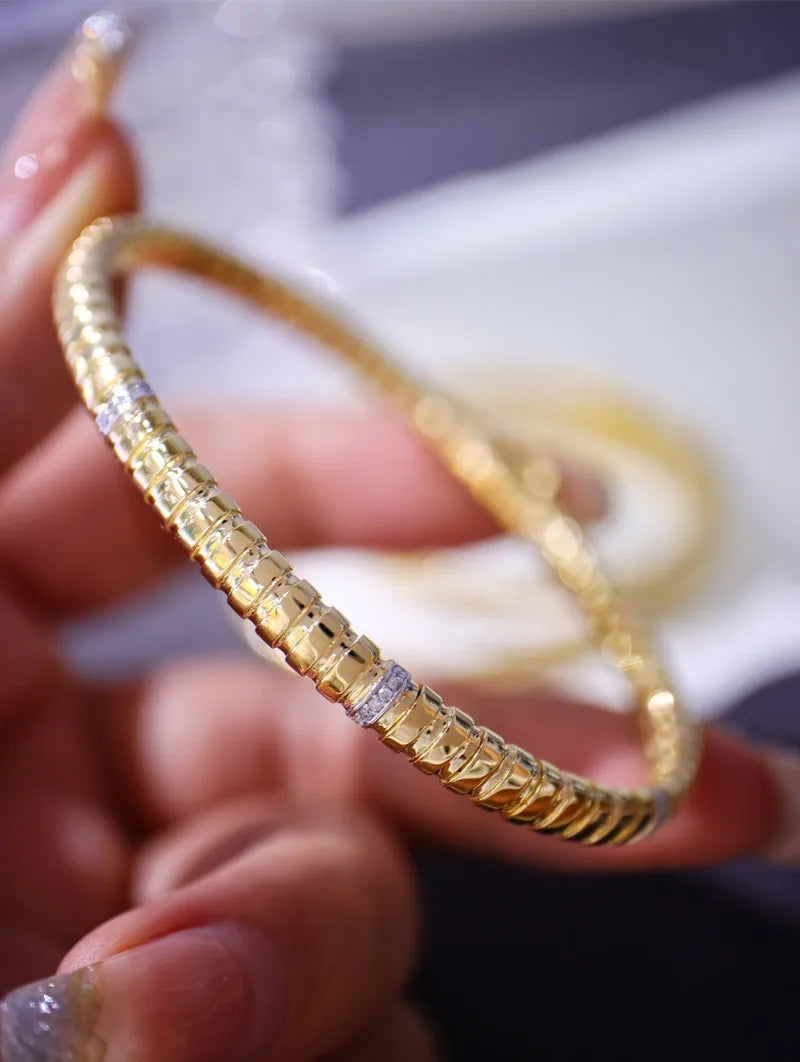 Camelia Jewelry Handmade Italian Spring Bangles Real 18K Solid Yellow Gold AU750 Jewelry Medieval Retro Style Diamonds Women Bracelets