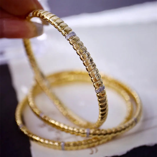 Camelia Jewelry Handmade Italian Spring Bangles Real 18K Solid Yellow Gold AU750 Jewelry Medieval Retro Style Diamonds Women Bracelets