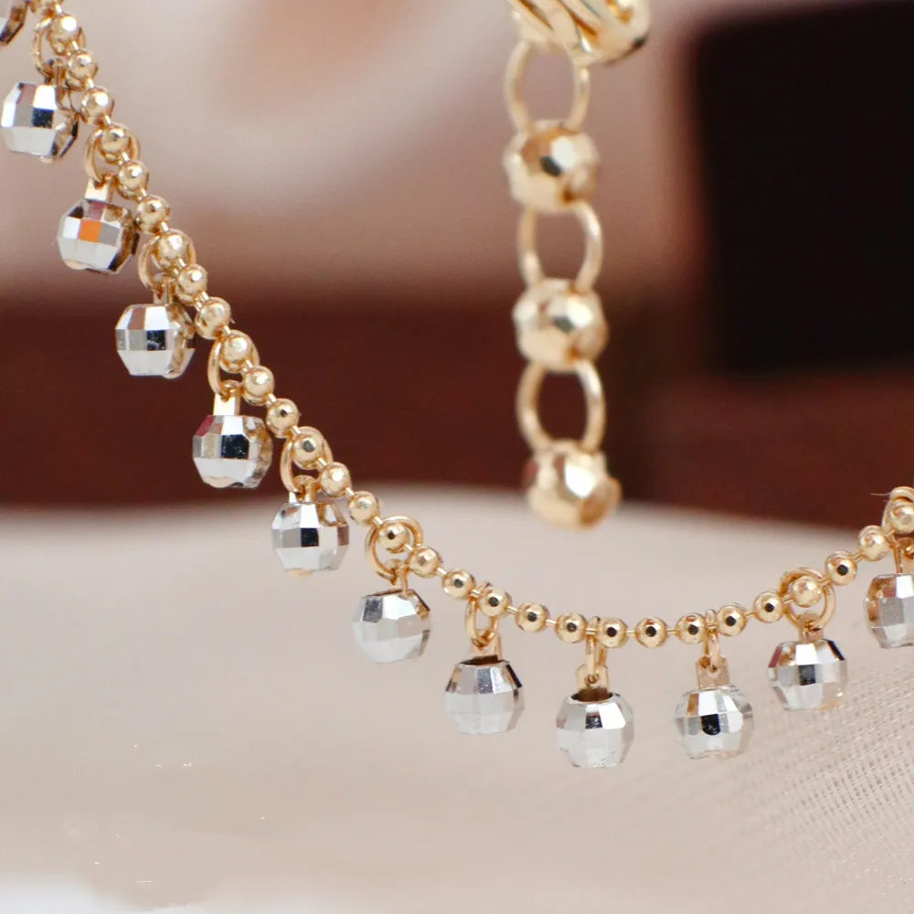 Camelia Jewelry Real 18K Solid Yellow Gold AU750 Jewelry Double Layer Chain White Gold Beads Tassel Pendant Necklaces for Fashion Lady