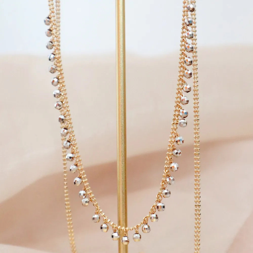 Camelia Jewelry Real 18K Solid Yellow Gold AU750 Jewelry Double Layer Chain White Gold Beads Tassel Pendant Necklaces for Fashion Lady