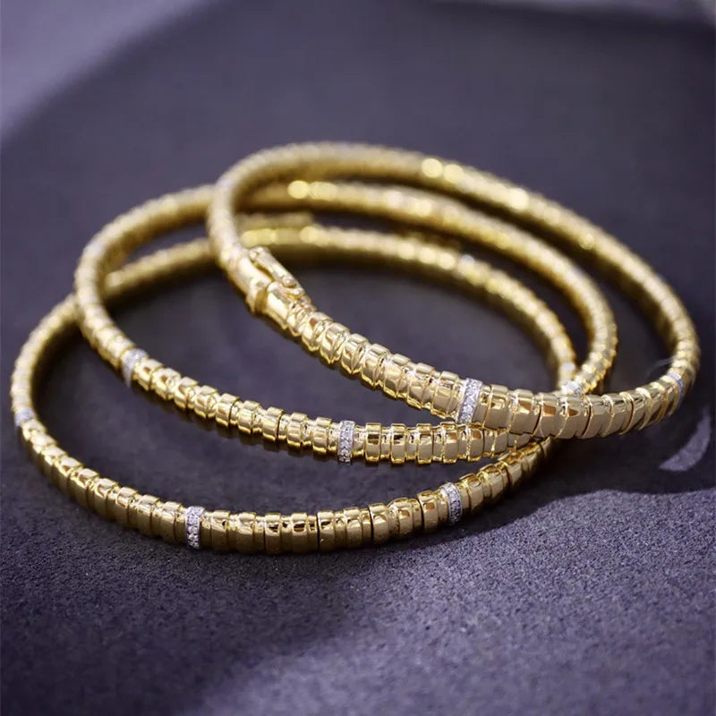 Camelia Jewelry Handmade Italian Spring Bangles Real 18K Solid Yellow Gold AU750 Jewelry Medieval Retro Style Diamonds Women Bracelets