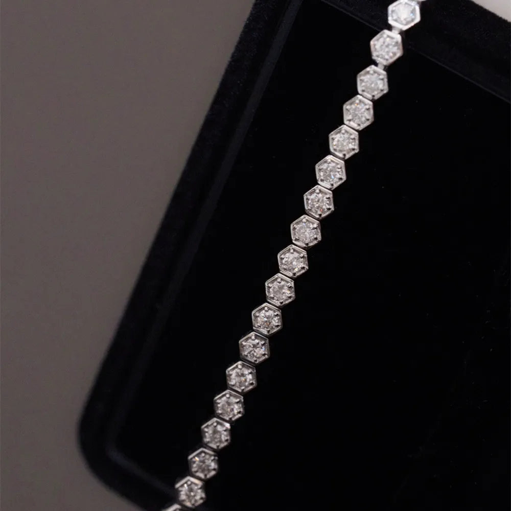 Camelia Jewelry Real 18K Solid White Gold AU750 Jewelry Natural Diamonds 1.40carat Hexagonal Honeycomb Tennis Bracelets for Women Gift