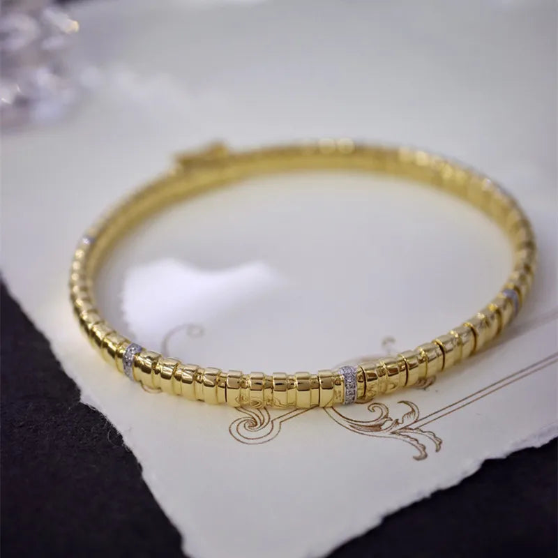 Camelia Jewelry Handmade Italian Spring Bangles Real 18K Solid Yellow Gold AU750 Jewelry Medieval Retro Style Diamonds Women Bracelets