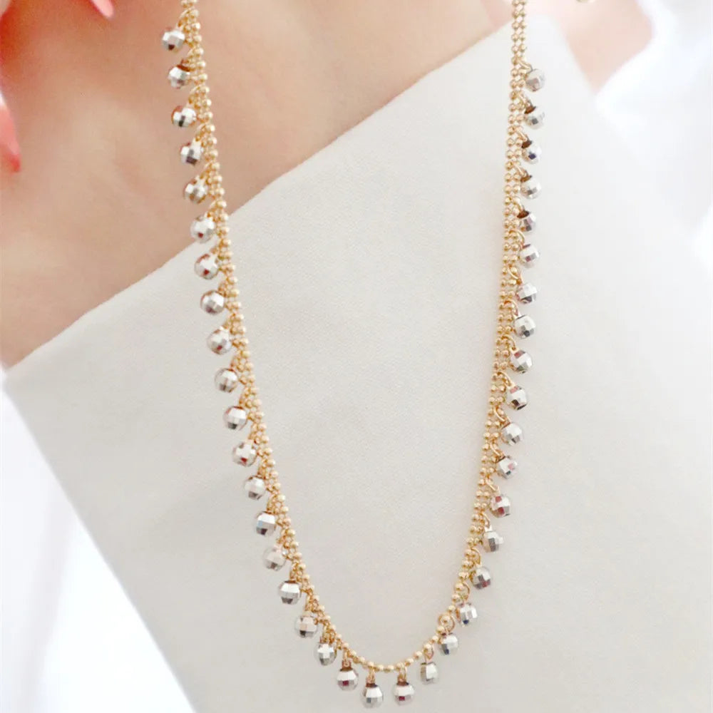 Camelia Jewelry Real 18K Solid Yellow Gold AU750 Jewelry Double Layer Chain White Gold Beads Tassel Pendant Necklaces for Fashion Lady